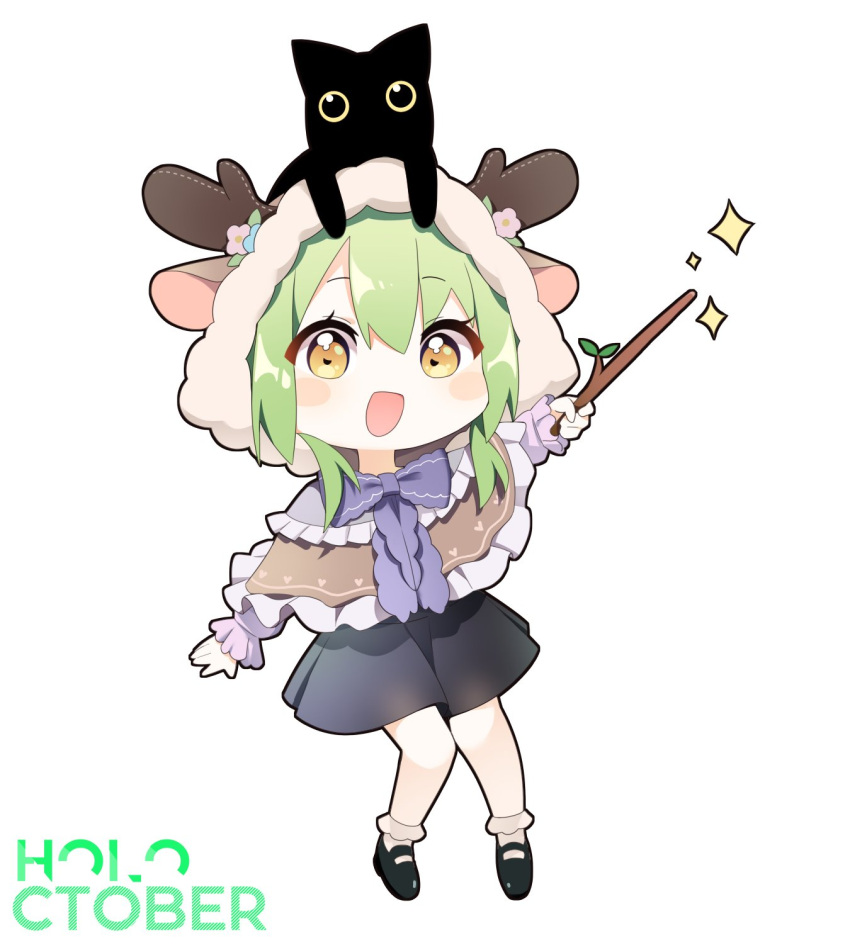 1girl :d animal_ears animal_hood animal_on_head bare_shoulders black_skirt bobby_socks cat cat_on_head ceres_fauna ceres_fauna_(jirai_kei) chibi commentary deer_hood fake_animal_ears fake_horns frilled_socks frills full_body green_hair highres holding holding_stick hololive hololive_english hood hood_up horned_hood horns long_hair long_sleeves looking_at_viewer mary_janes miniskirt nano_(nanojyaa) official_alternate_costume on_head open_mouth shirt shoes skirt smile snail_(ceres_fauna) socks solo stick virtual_youtuber white_background white_shirt yellow_eyes