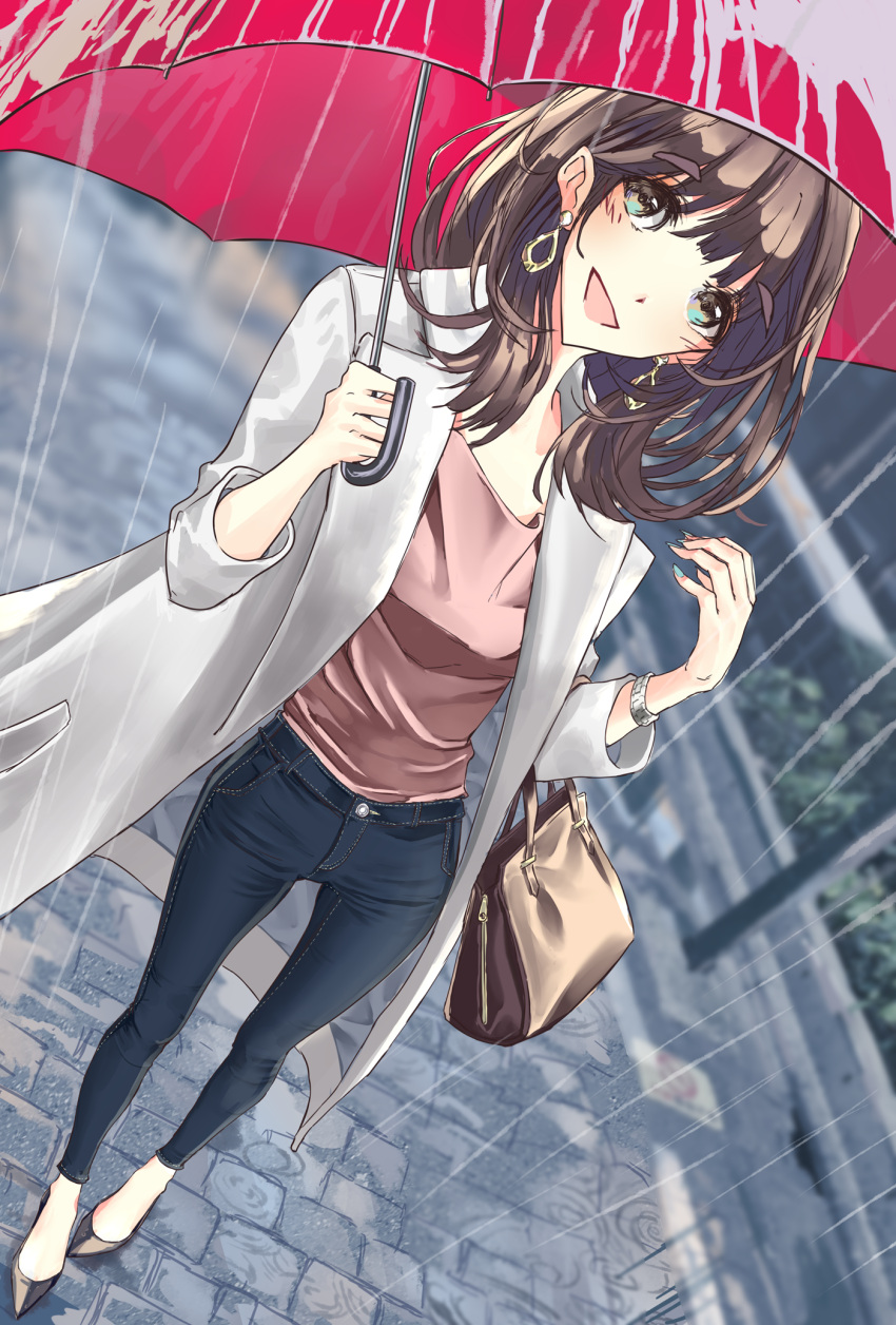 1girl bag blouse blush brown_hair commission denim dot_nose earrings fingernails green_eyes handbag highres holding holding_umbrella hoop_earrings jacket jeans jewelry long_hair long_sleeves looking_at_viewer manicure nail_polish office_lady open_clothes open_jacket open_mouth original panties pants pixiv_commission rain red_umbrella shirt solo stone_floor sun_(sunsun28) thick_eyebrows umbrella underwear watch watch