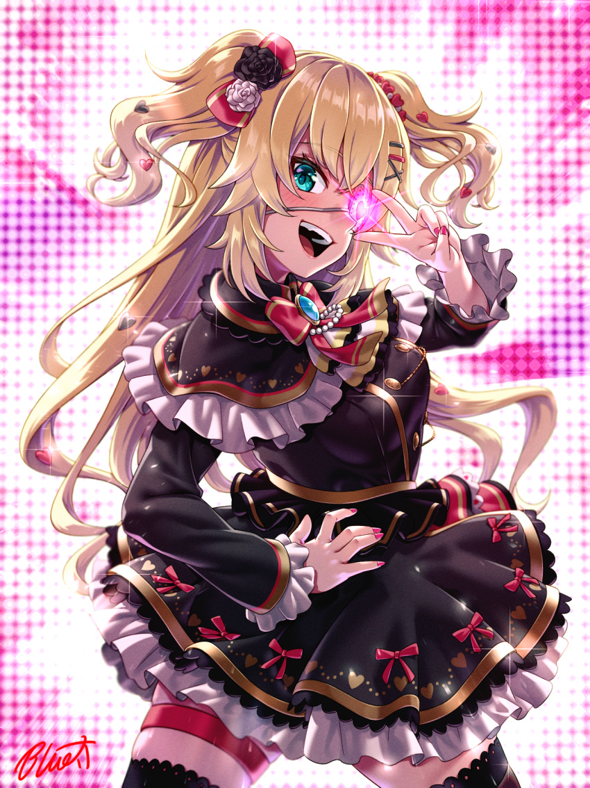 1girl akai_haato akai_haato_(5th_costume) black_dress black_thighhighs blonde_hair blue_eyes bow buru-dai dress eyepatch gothic_lolita hair_bow hair_ornament hand_on_own_hip heart heart_hair_ornament highres hololive lolita_fashion long_hair looking_at_viewer nail_polish official_alternate_costume open_mouth red_bow red_nails smile teeth thigh-highs thigh_strap two_side_up upper_teeth_only v v_over_eye virtual_youtuber x_hair_ornament