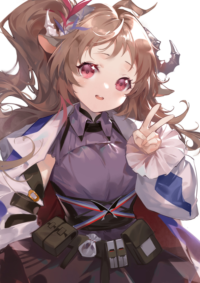1girl absurdres ahoge animal_ears arknights black_skirt brown_hair collared_shirt cowboy_shot eyjafjalla_(arknights) eyjafjalla_the_hvit_aska_(arknights) hand_up head_tilt highres horns jacket layered_sleeves long_hair long_sleeves looking_at_viewer official_alternate_costume open_clothes open_jacket open_mouth ponytail pouch purple_shirt red_eyes sheep_ears sheep_girl sheep_horns shirt short_sleeves simple_background skirt solo sparkling_eyes teeth upper_teeth_only v white_background white_jacket woodylixx