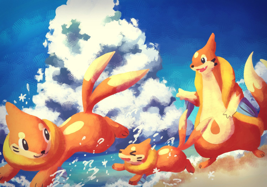 &gt;_&lt; 7_phi_3 animal_focus beach blue_sky buizel clouds commentary_request floatzel forked_tail no_humans orange_fur pokemon pokemon_(creature) sky solid_oval_eyes splashing standing tail water
