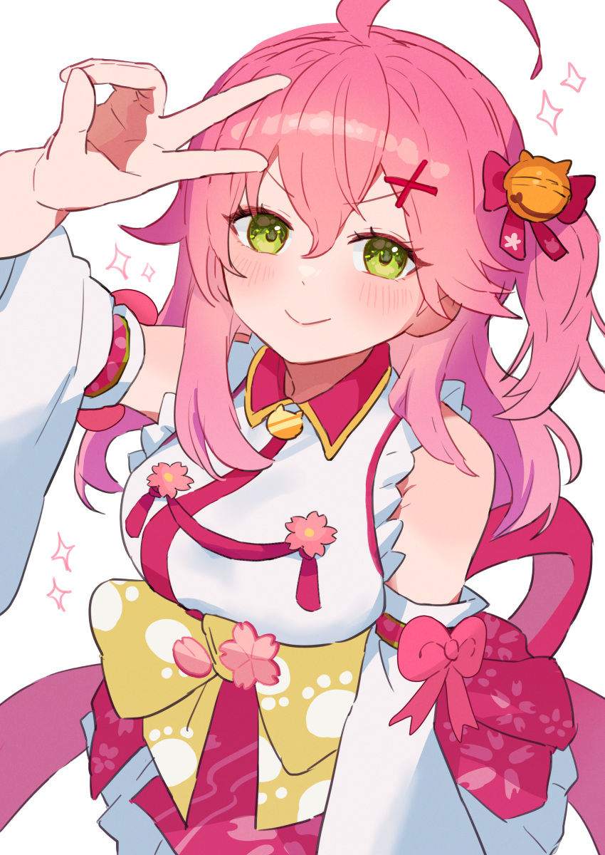 1girl :&gt; absurdres ahoge bell cherry_blossom_print detached_sleeves enipa_28 floral_print flower green_eyes hair_bell hair_ornament half-closed_eyes highres hololive jingle_bell one_side_up paw_print paw_print_pattern pink_flower pink_hair sakura_miko sakura_miko_(1st_costume) solo sparkle upper_body v-shaped_eyebrows v_over_head virtual_youtuber white_background x_hair_ornament