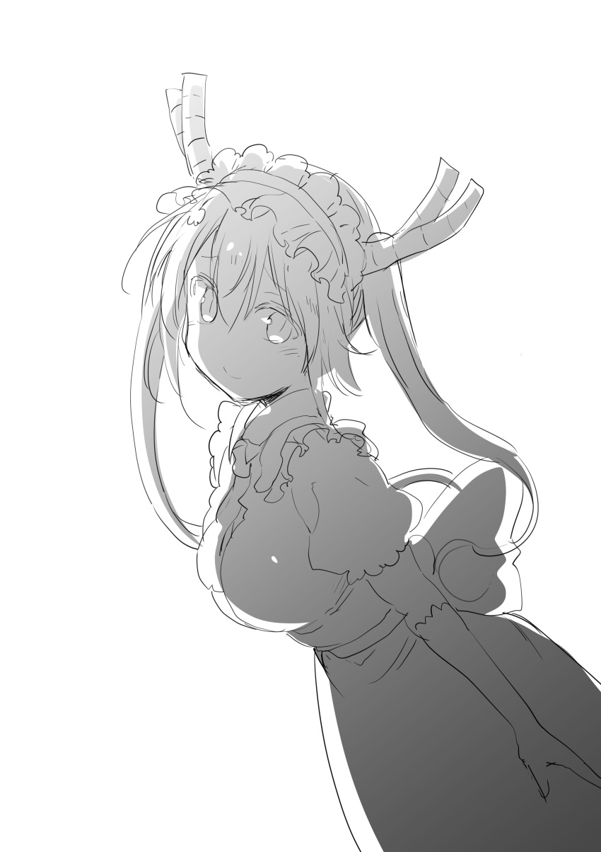 1girl absurdres apron breasts closed_mouth commentary_request cool-kyou_shinja dragon_girl dragon_horns dutch_angle gloves greyscale hair_between_eyes highres horns kobayashi-san_chi_no_maidragon large_breasts light_blush long_hair looking_at_viewer maid maid_headdress monochrome necktie official_art puffy_short_sleeves puffy_sleeves short_sleeves simple_background slit_pupils smile solo tohru_(maidragon) twintails white_background