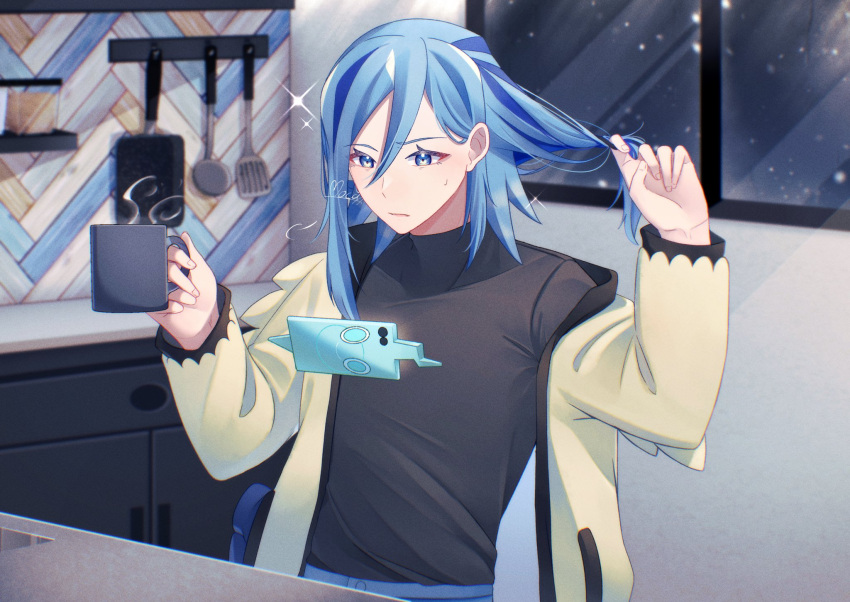 1boy =3 blue_eyes blue_hair blue_pants closed_mouth commentary_request cup eyelashes grusha_(pokemon) hair_twirling hands_up highres holding holding_cup indoors jacket looking_down loose_hair_strand male_focus mocacoffee_1001 mug off_shoulder open_clothes open_jacket pants pokemon pokemon_(game) pokemon_sv rotom rotom_phone shirt signature sparkle steam sweatdrop window yellow_jacket