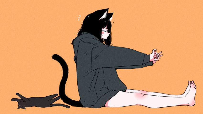 1girl animal_ear_fluff animal_ears bare_legs barefoot black_cat black_eyes black_hair blush cat cat_ears cat_girl cat_tail closed_eyes emphasis_lines from_side grey_hoodie highres hood hoodie megateru no_pants nose_blush on_floor orange_background original outstretched_arms oversized_clothes pinching_gesture solo stretching tail