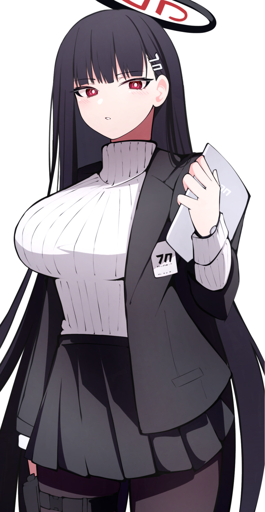 1girl black_hair black_pantyhose black_skirt blue_archive blush breasts bright_pupils cowboy_shot halo highres large_breasts long_hair looking_at_viewer pantyhose parted_lips pleated_skirt red_eyes ribbed_sweater rio_(blue_archive) skirt solo sweater turtleneck turtleneck_sweater white_pupils white_sweater yun_(kbdenz9)