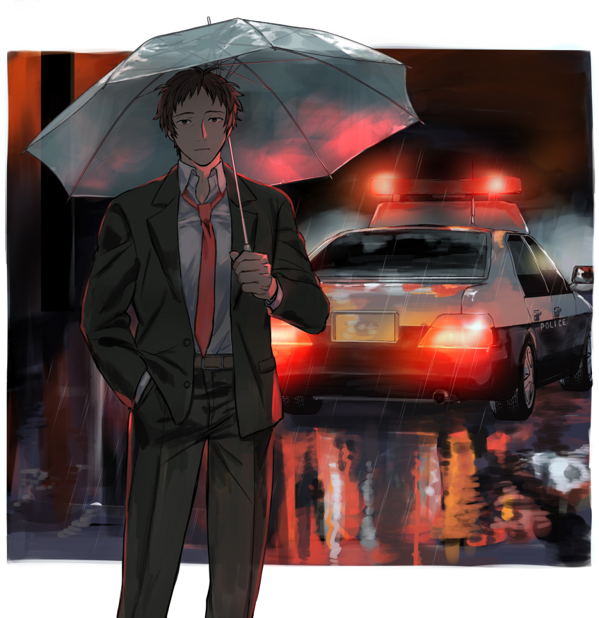 1boy adachi_tooru belt black_eyes black_hair black_jacket black_pants border brown_belt business_suit car closed_mouth collared_shirt commentary_request feet_out_of_frame glowing hand_in_pocket highres holding holding_umbrella ido_(nothing679) jacket long_sleeves looking_at_viewer male_focus motor_vehicle necktie night pants persona persona_4 police_car puddle rain red_necktie reflection reflective_water shirt short_hair solo standing suit transparent transparent_umbrella umbrella white_border white_shirt