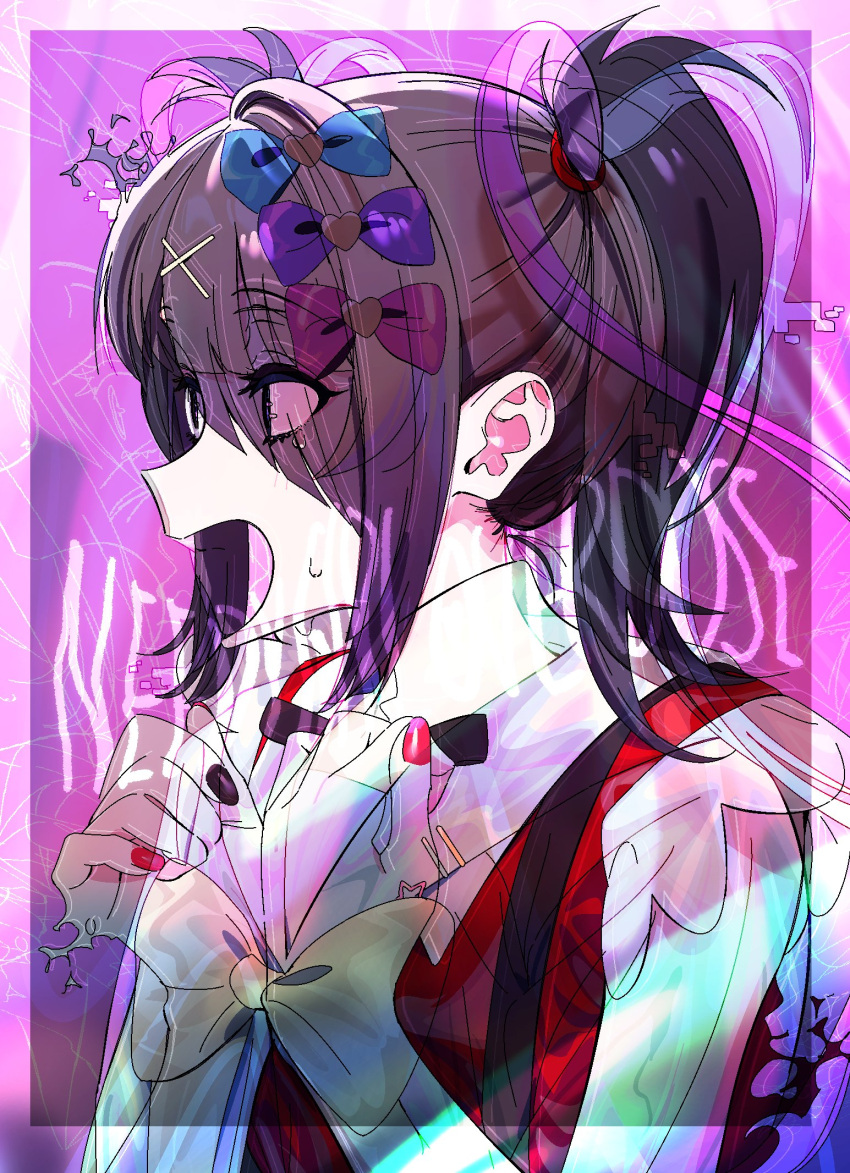 1girl ame-chan_(needy_girl_overdose) black_eyes black_hair black_nails black_ribbon blue_bow bow chouzetsusaikawa_tenshi-chan collared_shirt commentary copyright_name dual_persona english_commentary from_side fusion glitch hair_bow hair_ornament hair_tie hands_up heart heart_hair_ornament highres kerorira long_hair multicolored_nails nail_polish neck_ribbon needy_girl_overdose official_art open_mouth pink_background pink_bow profile purple_bow red_nails red_shirt ribbon screaming shirt solo twintails upper_body x_hair_ornament yellow_bow