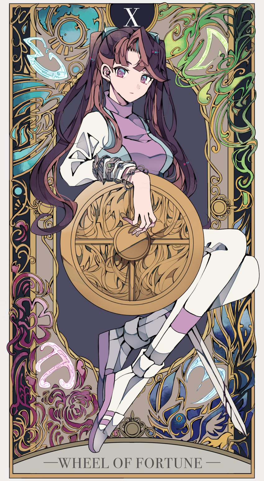 1girl absurdres akaba_rei bracelet brown_hair english_text full_body highres holding holding_sword holding_weapon jewelry long_hair multicolored_hair multiple_bracelets pants shoes smile solo sword tarot tarot_(medium) tasutekete twintails two-tone_hair very_long_hair violet_eyes weapon wheel_of_fortune_(tarot) yu-gi-oh! yu-gi-oh!_arc-v
