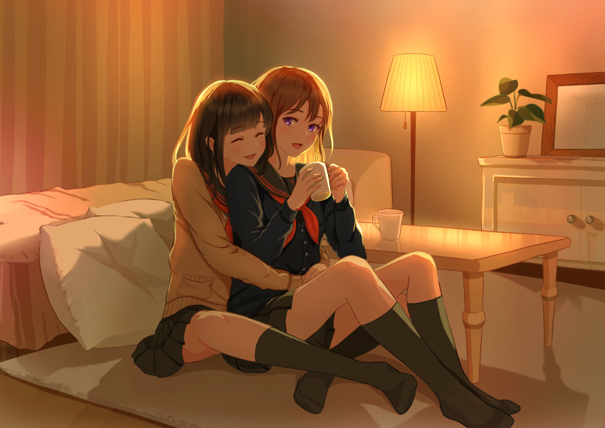 2girls absurdres arms_around_waist bed bedroom black_hair black_sailor_collar black_socks blue_shirt brown_hair brown_shirt cardigan closed_eyes coffee_table cup happy highres holding holding_cup hug hug_from_behind indoors kneehighs lamp light_rays long_hair looking_at_another looking_to_the_side multiple_girls nap_on_a_cloud neckerchief on_floor original pillow plant potted_plant red_neckerchief sailor_collar school_uniform serafuku shirt sitting smile socks table thighs violet_eyes yuri