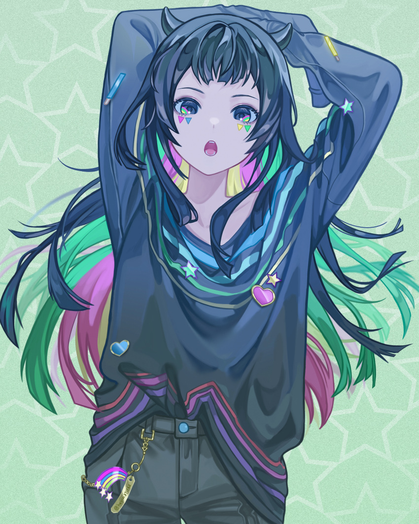 1girl absurdres arms_up beyblade beyblade_x black_eyes black_hair black_pants black_shirt blonde_hair facial_mark fake_horns green_eyes green_hair hairband heart_pin highres horns long_hair looking_at_viewer multicolored_eyes multicolored_hair nanairo_multi open_mouth pants pink_eyes pink_hair rainbow rolling-ruffles shirt shirt_partially_tucked_in sleeves_past_fingers sleeves_past_wrists solo yellow_eyes