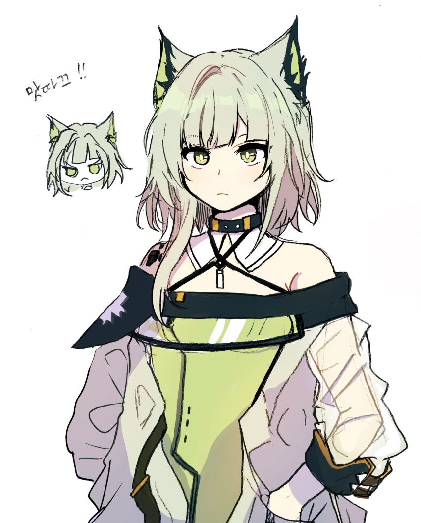 1girl 5rwpvc angry animal_ears arknights asymmetrical_hair bare_shoulders black_choker cat_ears cat_girl chibi chibi_inset choker closed_mouth cowboy_shot dress green_dress green_eyes hands_in_pockets highres kal'tsit_(arknights) korean_text long_hair looking_at_viewer off-shoulder_dress off_shoulder oripathy_lesion_(arknights) see-through see-through_sleeves simple_background translation_request white_background