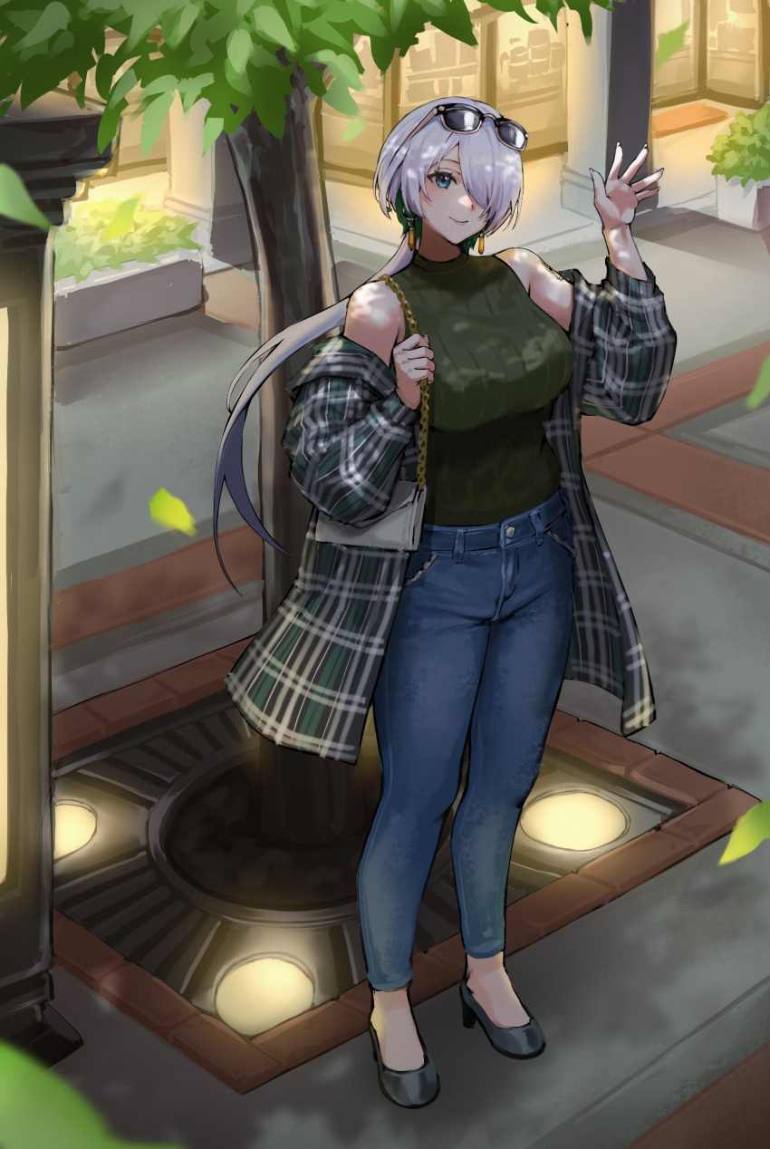1girl alternate_costume arm_up bag bare_shoulders black_footwear blue_eyes breasts brid_(nikke) city closed_mouth commission denim earrings english_commentary eyewear_on_head fairxw full_body goddess_of_victory:_nikke green_hair green_jacket green_shirt grey_hair hair_between_eyes hair_over_one_eye handbag high_heels highres jacket jeans jewelry large_breasts long_hair long_sleeves looking_at_viewer low_ponytail multicolored_hair off_shoulder pants plaid plaid_jacket ribbed_shirt second-party_source shirt sidelocks sleeveless sleeveless_shirt smile solo standing sunglasses tree two-tone_hair white_hair