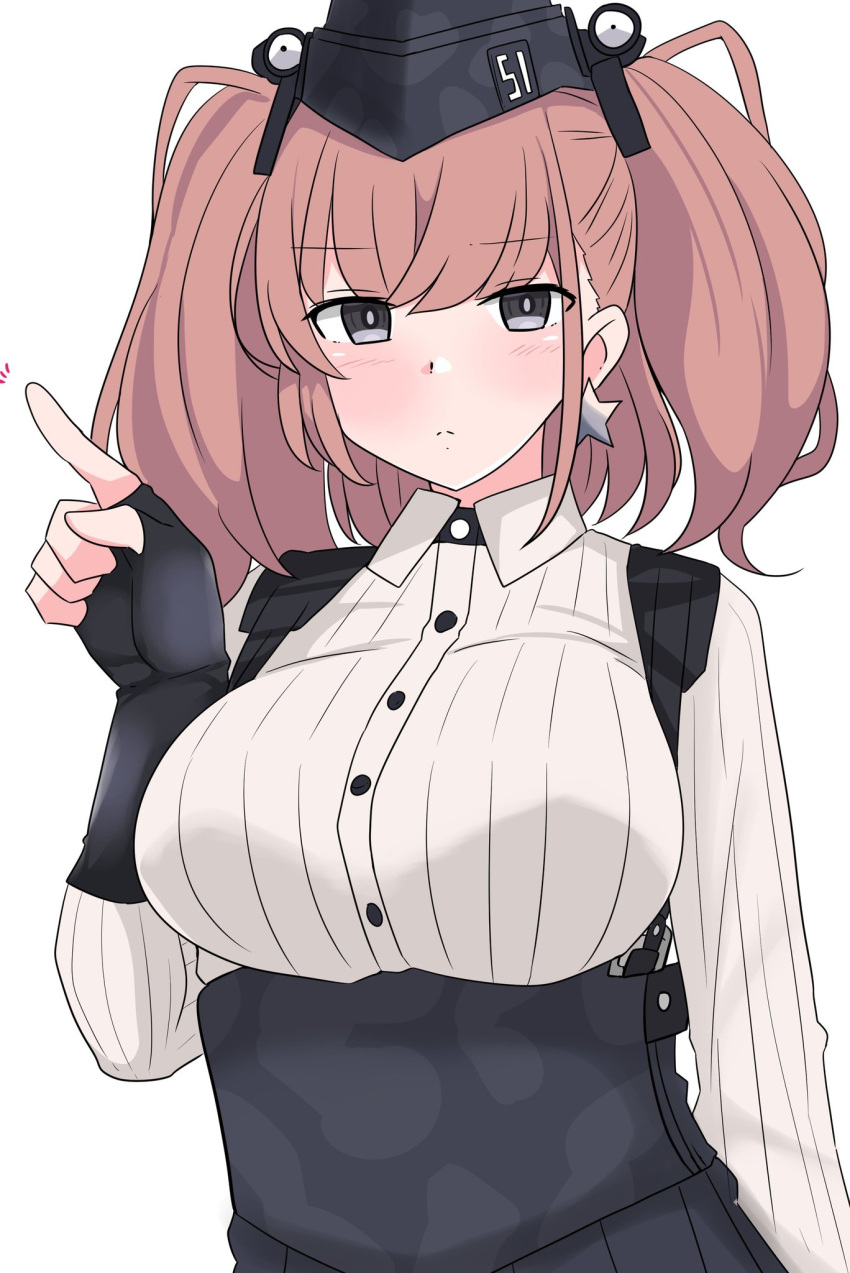1girl atlanta_(kancolle) breasts brown_hair dress_shirt earrings expressionless grey_eyes highres jewelry kantai_collection long_sleeves looking_at_viewer noruren pointing shirt simple_background solo star_(symbol) star_earrings two_side_up upper_body white_shirt