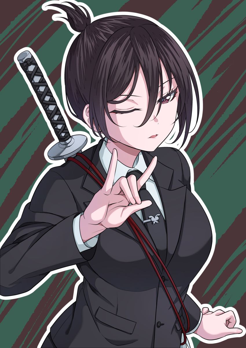1girl bang_dream! black_hair black_jacket black_necktie black_suit blush breasts chainsaw_man collared_shirt cosplay hair_between_eyes hand_up hayakawa_aki hayakawa_aki_(cosplay) highres jacket katana kitayu large_breasts lips long_sleeves looking_at_viewer necktie one_eye_closed open_mouth pink_eyes shirt short_hair smile solo suit sword upper_body weapon weapon_behind_back white_shirt yashio_rui
