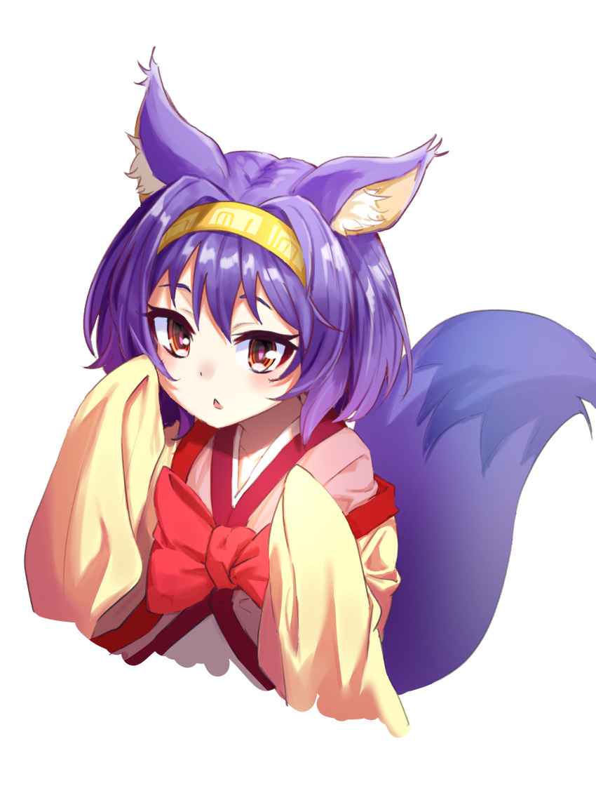 1girl absurdres animal_ear_fluff animal_ears blush commentary_request cropped_torso dot_nose fox_ears fox_tail hair_intakes hairband hands_up hatsuse_izuna highres m.tokotsu no_game_no_life open_mouth purple_hair red_eyes robe simple_background sleeves_past_fingers sleeves_past_wrists solo tail triangle_mouth upper_body white_background white_robe