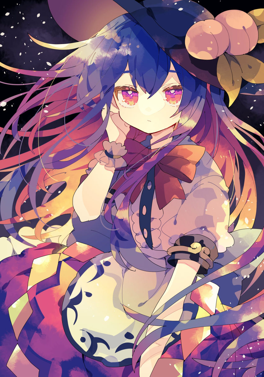1girl absurdres black_headwear blue_hair bow bowtie buttons center_frills closed_mouth colored_inner_hair frills fruit_hat_ornament hair_between_eyes hat hat_ornament highres hinanawi_tenshi long_hair looking_at_viewer multicolored_hair nikorashi-ka peach_hat_ornament puffy_short_sleeves puffy_sleeves rainbow_order red_bow red_bowtie red_eyes red_skirt redhead shirt short_sleeves skirt solo touhou white_shirt wrist_cuffs