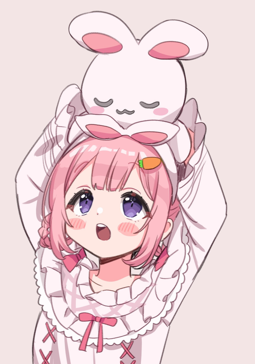 1girl :o animal_ears arms_up blush braided_hair_rings carrot_hair_ornament fake_animal_ears food-themed_hair_ornament grey_background hair_ornament hairband highres holding holding_stuffed_toy long_sleeves looking_up nightgown nijisanji object_on_head official_alternate_costume open_mouth pink_hair pink_nightgown pink_ribbon rabbit_ears ribbon saito_katuo simple_background solo stuffed_animal stuffed_rabbit stuffed_toy suo_sango suo_sango_(2nd_costume) upper_body violet_eyes virtual_youtuber white_hairband