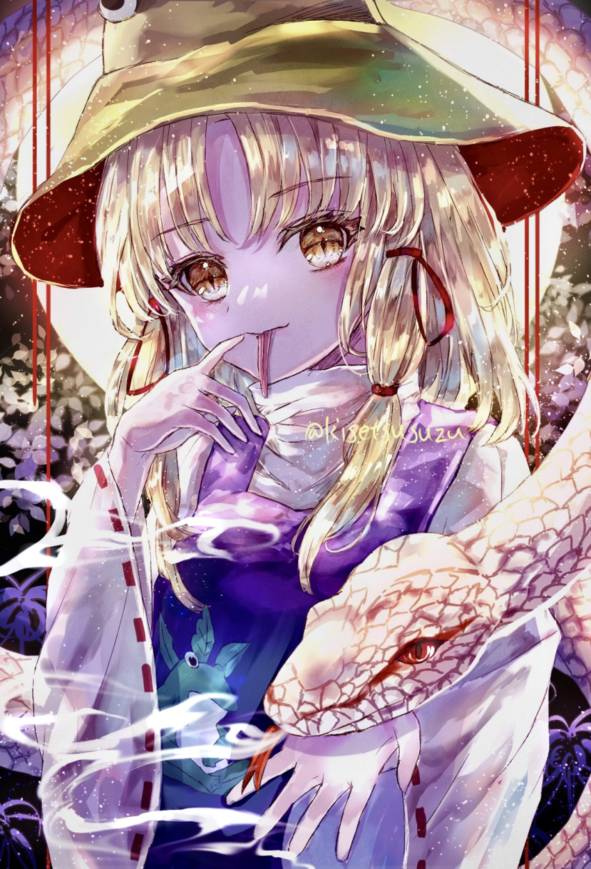 1girl animal_print blonde_hair breasts brown_headwear commentary_request eyelashes finger_to_mouth forked_tongue frog frog_print hair_ribbon hand_up hat highres light_smile long_sleeves long_tongue looking_at_viewer medium_hair mishaguji moriya_suwako parted_bangs purple_vest pyonta red_eyes red_ribbon ribbon ribbon_trim shirt slit_pupils small_breasts snake solo suzushina tongue tongue_out touhou turtleneck twitter_username upper_body vest white_shirt white_snake wide_sleeves yellow_eyes