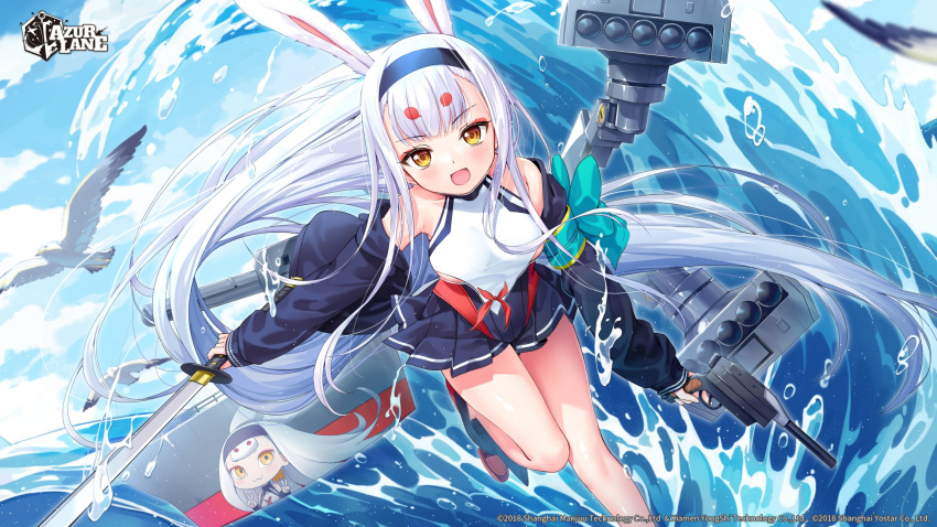 1girl animal_ears azur_lane bare_shoulders bird blue_sky blush clouds cloudy_sky commentary company_connection company_name copyright_name day hairband highres holding holding_sword holding_weapon jacket leaning_forward leg_up logo long_sleeves looking_at_viewer machinery ocean off_shoulder official_art open_clothes open_jacket open_mouth outdoors pleated_skirt rabbit_ears seagull shimakaze_(azur_lane) shiny_skin silveroid simple_background skirt sky smile sword torpedo_launcher trigger_discipline water water_drop weapon white_hair yellow_eyes