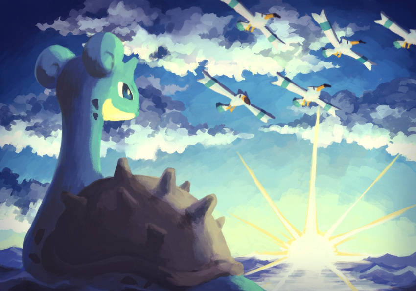 7_phi_3 animal_focus blue_eyes blue_skin clouds cloudy_sky colored_skin commentary_request flying from_behind horizon lapras no_humans pokemon pokemon_(creature) shell sky sun sunlight sunrise water wingull