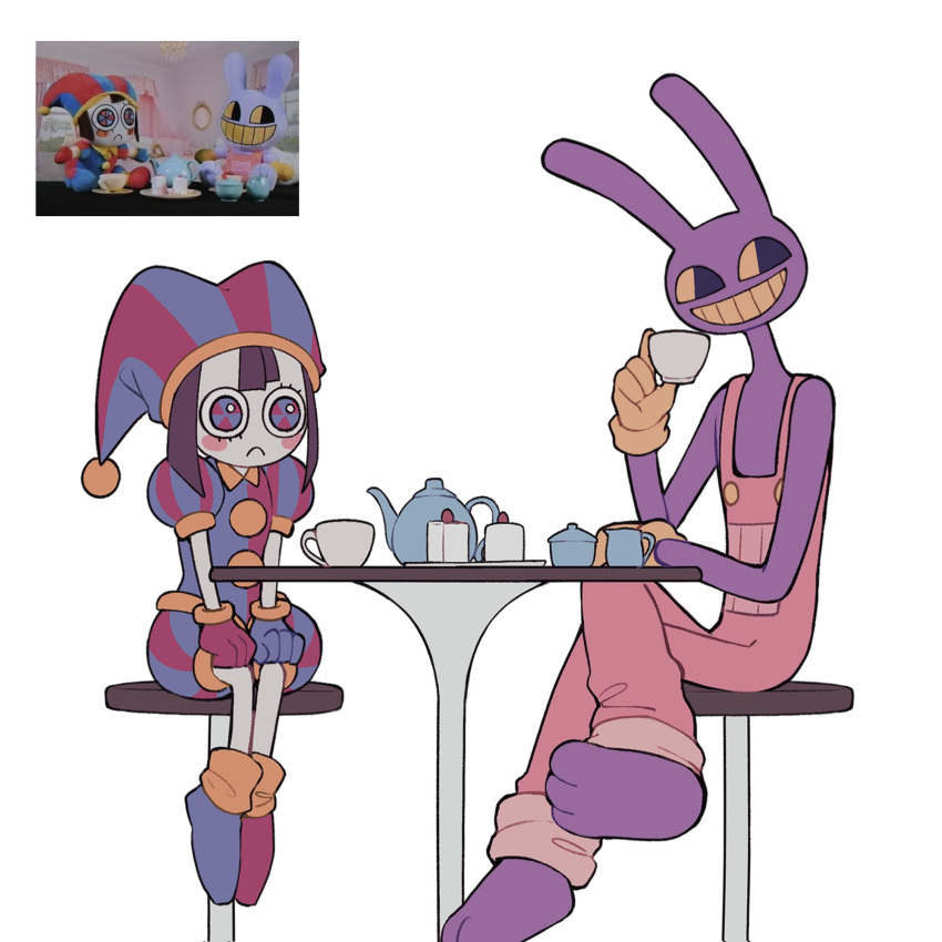 1boy 1girl :c animal_ears barefoot black_eyes blue_eyes cake cake_slice colored_sclera commentary_request crossed_legs cup doll food hat heterochromia highres holding holding_cup jax_(the_amazing_digital_circus) jester jester_cap on_chair overalls pale_skin photo-referenced pomni_(the_amazing_digital_circus) rabbit rabbit_ears red_eyes sitting skn_1027 teacup teapot the_amazing_digital_circus yellow_sclera