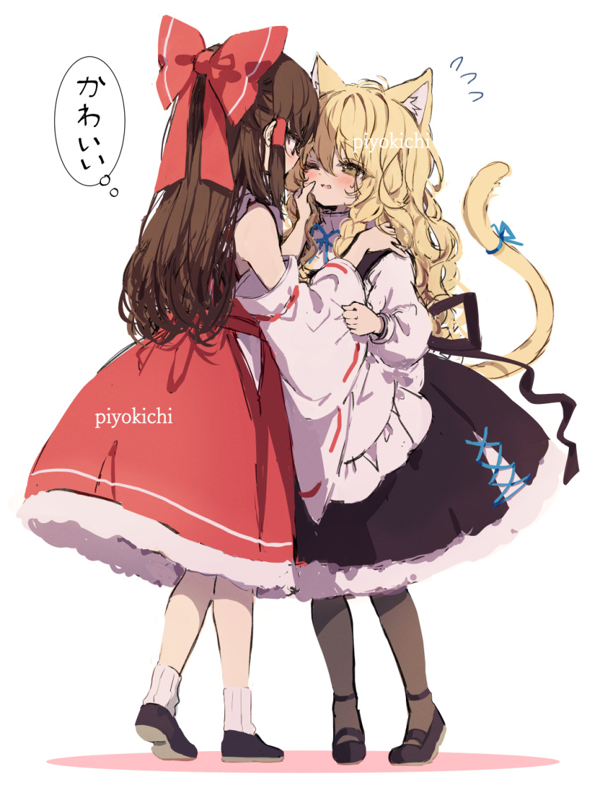 2girls animal_ears artist_name bare_shoulders black_footwear black_pantyhose black_skirt black_vest blonde_hair blush bow braid brown_hair cat_ears cat_tail commentary detached_sleeves flying_sweatdrops full_body hair_between_eyes hair_bow hakurei_reimu highres japanese_clothes kemonomimi_mode kirisame_marisa long_hair long_sleeves multiple_girls nontraditional_miko one_eye_closed open_mouth pantyhose piyokichi red_bow revision ribbon-trimmed_sleeves ribbon_trim shirt shoes simple_background single_braid skirt socks tail thought_bubble touhou vest white_background white_shirt white_sleeves white_socks wide_sleeves yellow_eyes yuri