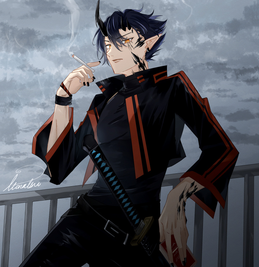 1boy absurdres arknights between_fingers black_hair black_jacket black_nails black_pants black_shirt cigarette cigarette_pack clouds cloudy_sky ear_piercing flamebringer_(arknights) grey_sky hair_between_eyes hand_up highres holding holding_cigarette itonatsu jacket katana looking_at_viewer male_focus nail_polish orange_eyes oripathy_lesion_(arknights) outdoors pants parted_lips piercing pointy_ears railing sheath sheathed shirt signature sky solo sword weapon