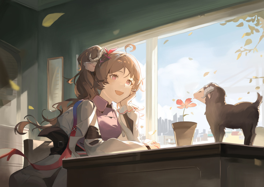 1girl :d absurdres ahoge animal animal_ears arknights blue_sky brown_hair chair clouds cloudy_sky collared_shirt commentary_request day derivative_work desk eyjafjalla_(arknights) eyjafjalla_the_hvit_aska_(arknights) flower flower_pot highres horns indoors jacket long_hair long_sleeves on_chair pink_shirt ponytail puffy_long_sleeves puffy_sleeves red_eyes red_flower sheep sheep_ears sheep_girl sheep_horns shenhaiqiqudan shirt sitting sky smile solo very_long_hair white_jacket window