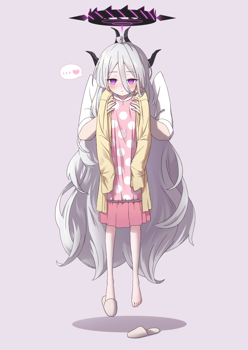 ... 1girl absurdres ahoge black_horns blue_archive blush carrying carrying_person closed_mouth demon_horns flat_chest full_body grey_hair halo heart highres hina_(blue_archive) horns long_hair long_sleeves longcat_(meme) meme mogurii multiple_horns open_clothes open_shirt pajamas parted_bangs pink_pajamas polka_dot polka_dot_pajamas shirt simple_background sleeves_past_fingers sleeves_past_wrists slippers spoken_ellipsis very_long_hair violet_eyes yellow_shirt