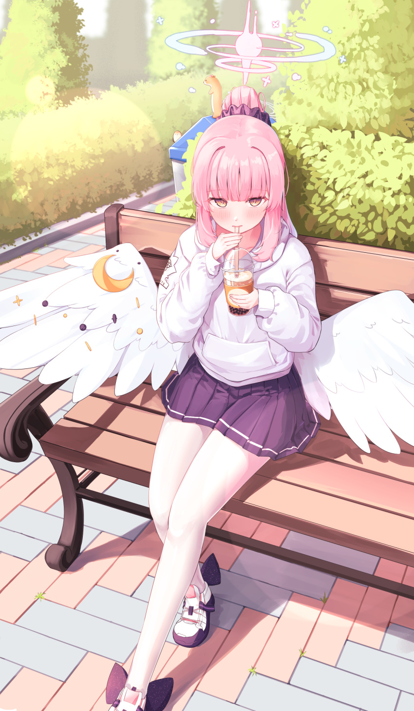1girl absurdres alternate_costume alternate_hairstyle bench blue_archive blunt_bangs blush bow brick_floor bubble_tea bush crescent crescent_print cup daran9 disposable_cup feathered_wings foot_out_of_frame footwear_bow hair_intakes hair_ornament hair_scrunchie halo high_ponytail highres holding holding_cup hood hoodie long_sleeves looking_at_viewer low_wings mika_(blue_archive) miniskirt outdoors pantyhose park park_bench pink_hair pink_halo pleated_skirt ponytail puffy_long_sleeves puffy_sleeves purple_bow purple_scrunchie purple_skirt scrunchie sitting_on_bench skirt solo white_footwear white_hoodie white_pantyhose white_wings wing_ornament wings yellow_eyes