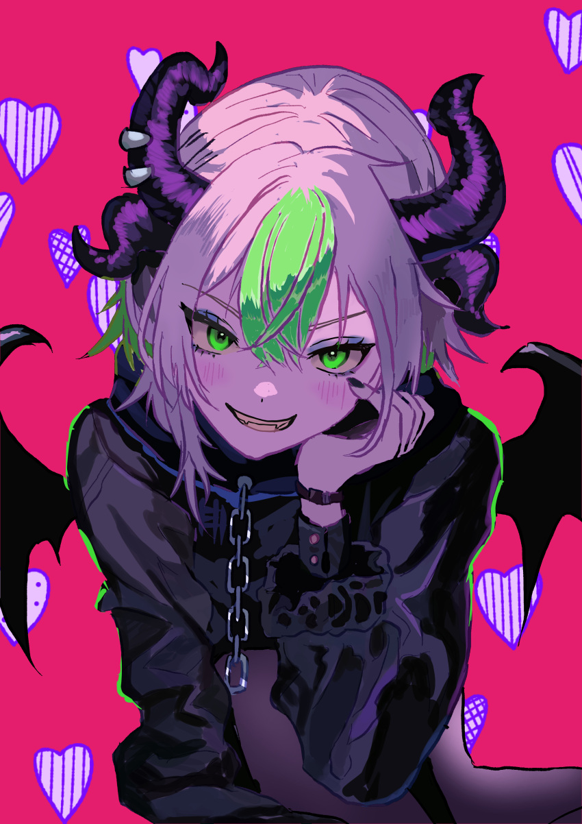 1girl absurdres black_hoodie black_nails blush bsapricot_(vtuber) bsapricot_(vtuber)_(8th_costume) cropped_hoodie demon_girl demon_horns demon_wings green_eyes green_hair head_rest heart heart_background highres hood hoodie horn_piercing horns looking_at_viewer medium_hair mochimochi_589 multicolored_hair nail_polish pink_background smile streaked_hair virtual_youtuber vshojo wings