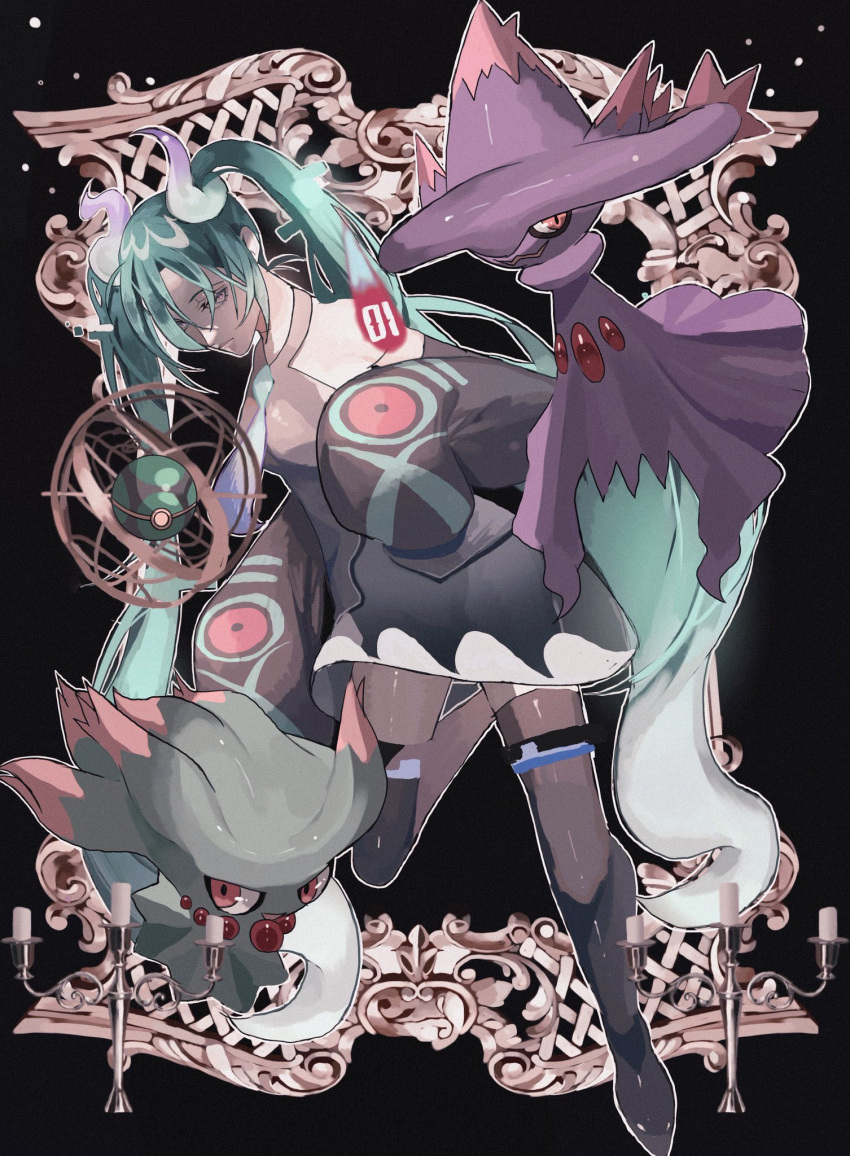 1girl black_background black_skirt black_sleeves black_thighhighs blue_necktie colored_sclera commentary_request detached_arm detached_legs detached_sleeves dusk_ball floating ghost_miku_(project_voltage) glitch grey_shirt hair_between_eyes hatsune_miku highres misdreavus mismagius necktie poke_ball pokemon pokemon_(creature) print_sleeves project_voltage red_eyes reo_(mmocc123) see-through see-through_skirt shirt simple_background skirt sleeveless sleeveless_shirt sleeves_past_fingers sleeves_past_wrists thigh-highs twintails vocaloid yellow_sclera