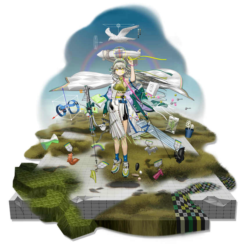 1girl 3d arrow_(symbol) asymmetrical_skirt bird black_shorts blue_socks bright_pupils cape checkered_cape color_guide floating full_body green_shirt grey_hair highres horse long_hair norizc numbered plant potted_plant rainbow shadow shield shirt shoes shorts skirt sleeveless sneakers socks solo split_depth squirrel sticker_on_face surreal white_pupils white_skirt wind yellow_eyes