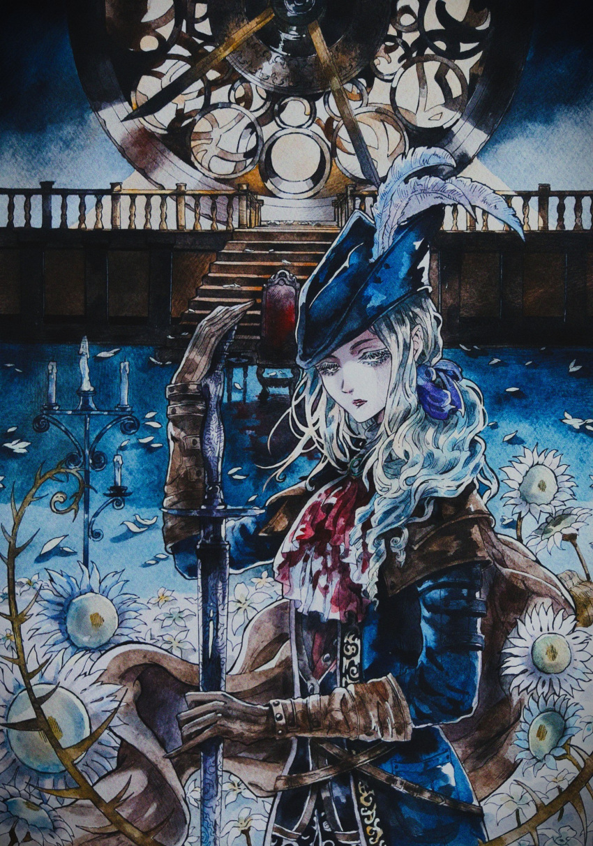 1girl ascot blood blood_on_clothes bloodborne blue_coat blue_headwear blue_ribbon brown_cape brown_gloves candlestand cape chair clock closed_mouth coat colored_eyelashes etherbeam flower gloves hat_feather highres holding holding_sword holding_weapon lady_maria_of_the_astral_clocktower long_hair looking_at_viewer painting_(medium) petals ribbon solo stairs sword traditional_media watercolor_(medium) weapon white_flower