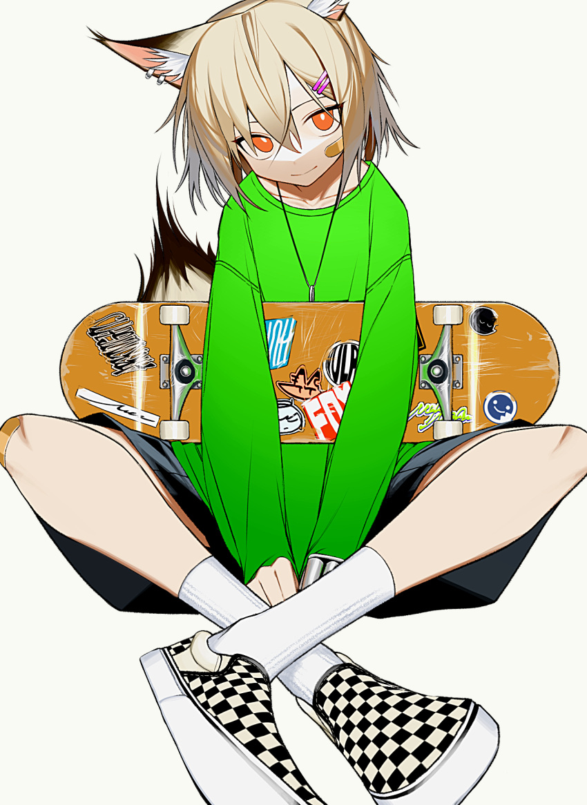 1girl alternate_costume animal_ears arknights bandaid bandaid_on_face blonde_hair bright_pupils checkered_shoes colored_tips crossed_legs fox_ears fox_tail full_body green_sweater hair_ornament hairclip highres looking_at_viewer mechanical_arms multicolored_hair orange_eyes shoes shorts signal_1120 simple_background single_mechanical_arm sitting skateboard smile sneakers socks solo sticker sweater tail vermeil_(arknights) white_background white_pupils white_socks