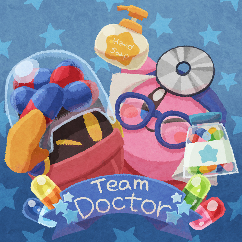 character_request doctor glasses hand_soap head_mirror highres jar kirby kirby_(series) looking_at_viewer magolor miclot no_humans one_eye_closed