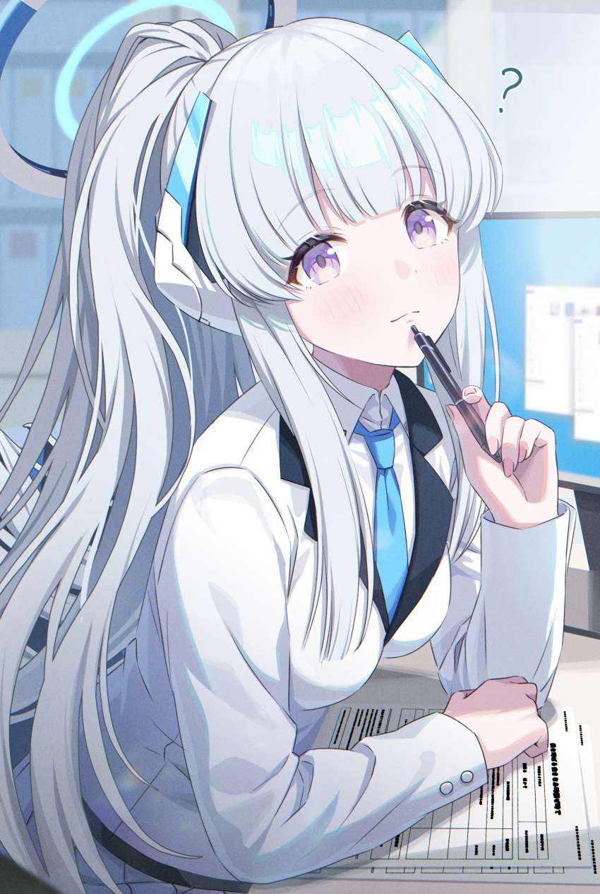 1girl absurdres alternate_hairstyle blue_archive blue_necktie blush closed_mouth collared_shirt grey_hair halo highres holding holding_pen long_hair long_sleeves looking_at_viewer mechanical_halo microsoft_windows momomoi_momoi monitor necktie noa_(blue_archive) paper pen pleated_skirt ponytail shirt skirt solo suit violet_eyes white_shirt white_skirt