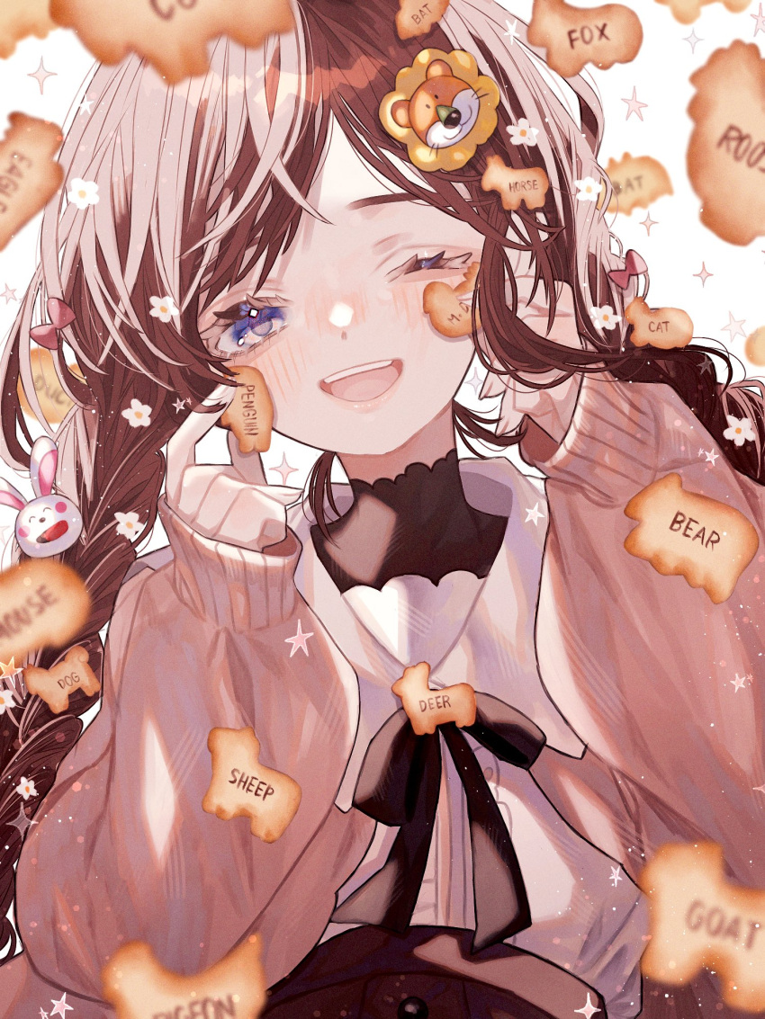 1girl animal_crackers black_bow black_bowtie black_undershirt bow bowtie braid brown_hair collar commentary_request detached_collar eyelashes flower food hair_bow hair_flower hair_ornament half-closed_eye harumi_nimu high_collar highres holding holding_food jacket light_blush lion_hair_ornament long_hair long_sleeves looking_at_viewer one_eye_closed open_clothes open_jacket open_mouth original pink_bow pink_jacket puffy_long_sleeves puffy_sleeves rabbit_hair_ornament shirt sleeves_past_wrists smile solo sparkle star_(symbol) sweater_jacket teeth twin_braids upper_body upper_teeth_only violet_eyes white_background white_collar white_flower white_shirt
