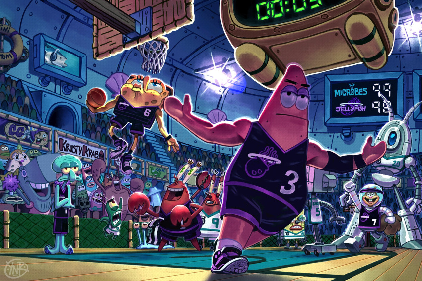3girls 6+boys ball basketball basketball_(object) basketball_court basketball_hoop closed_mouth commentary commission crossed_arms crowd english_commentary expressionless full_body gary_(spongebob_squarepants) highres holding holding_ball indoors jellyfish_(spongebob_squarepants) jumping karen_plankton larry_the_lobster midair money-shaped_pupils mr._krabs mrs._puff multiple_boys multiple_girls nicole_kim_(ynkimart) open_mouth outstretched_arms patrick_star pearl_krabs people playing_sports sandy_cheeks sheldon_j._plankton smile spongebob_squarepants spongebob_squarepants_(character) sportswear squidward_tentacles standing