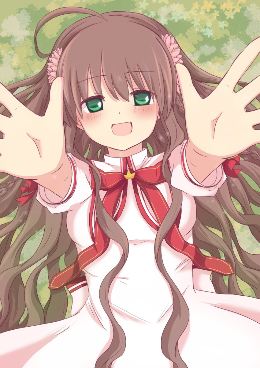 1girl :d ahoge blush braid brown_hair canaca_chiyuri commentary_request cowboy_shot crown day dress eyes_visible_through_hair flower foreshortening grass green_eyes hair_between_eyes hair_flower hair_ornament hair_spread_out happy highres incoming_hug kanbe_kotori kazamatsuri_institute_high_school_uniform long_hair looking_at_viewer lying mini_crown neck_ribbon on_back on_ground open_hands open_mouth outdoors outstretched_arms pink_flower puffy_short_sleeves puffy_sleeves reaching reaching_towards_viewer red_ribbon rewrite ribbon school_uniform short_sleeves sidelocks smile solo straight-on tareme twin_braids very_long_hair wavy_hair white_dress