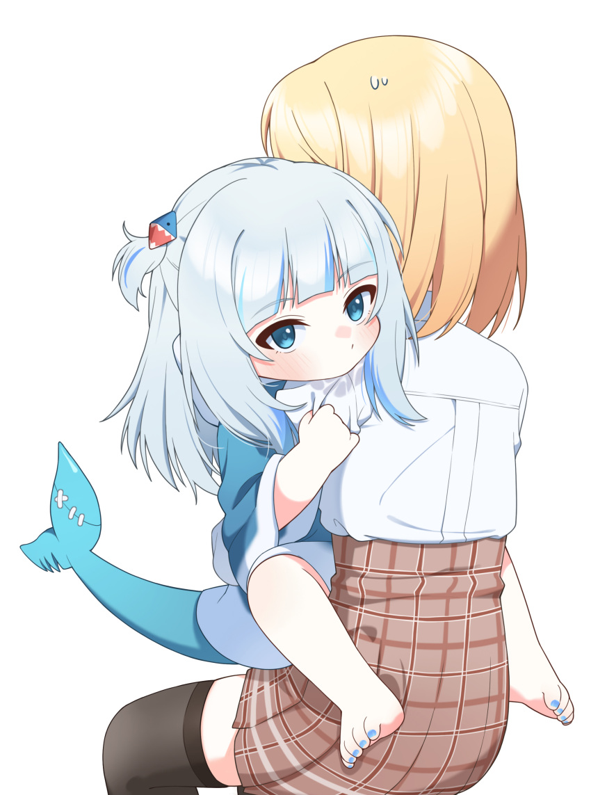 2girls absurdres aged_down animal_costume barefoot black_thighhighs blonde_hair blue_hoodie carrying carrying_person child dot_mouth fins fish_tail from_behind gawr_gura hair_ornament highres hololive hololive_english hood hoodie hug multicolored_hair multiple_girls nail_polish shark_costume shark_girl shark_hair_ornament shark_tail straddling streaked_hair sweatdrop tail thigh-highs toenail_polish toenails ugaaaa5 virtual_youtuber watson_amelia watson_amelia_(1st_costume) white_background white_hair