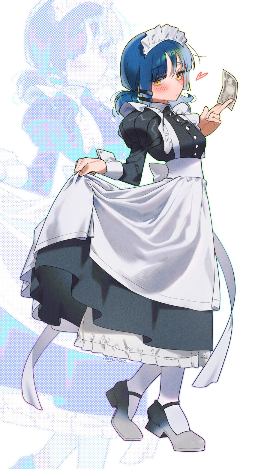 1girl absurdres apron back_bow black_dress black_footwear blue_hair blush bocchi_the_rock! bow breasts buttons closed_mouth commentary_request dress frilled_apron frills full_body hair_ornament hairclip hand_up heart highres holding holding_money juliet_sleeves long_sleeves looking_at_viewer low_twintails maid maid_apron maid_headdress medium_breasts medium_hair mole mole_under_eye money puffy_sleeves sidelocks skirt_hold socks sofa_(enogunomu) solo twintails white_apron white_background white_socks yamada_ryo yellow_eyes yen zoom_layer