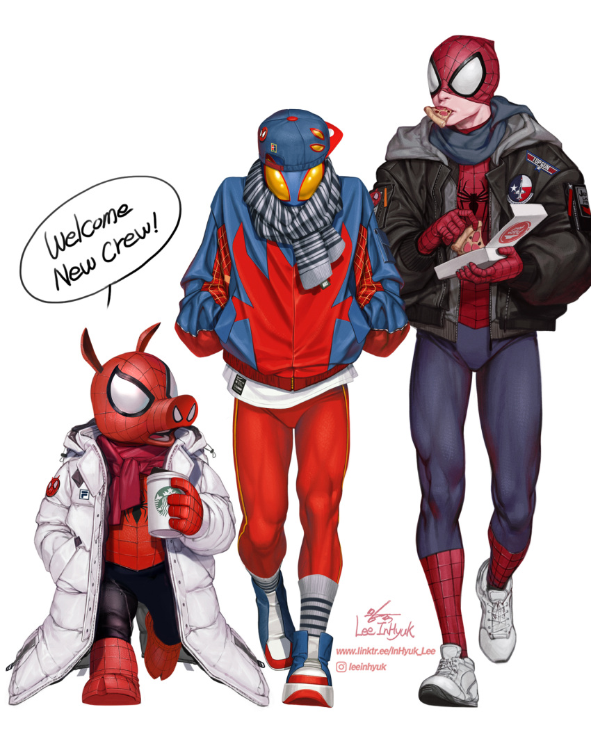 3boys animal_print artist_name backwards_hat bailey_briggs child commentary english_commentary english_text food full_body hands_in_pockets hat highres in-hyuk_lee jacket looking_down male_focus marvel mouth_hold multiple_boys peter_parker pig_boy pizza simple_background spandex spider-boy_(spider-man) spider-ham spider-man_(series) spider-verse spider_print starbucks superhero western_comics_(style) white_background white_footwear