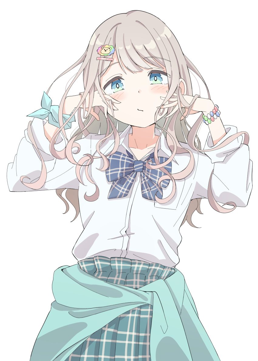 1girl absurdres bead_bracelet beads blue_bow blue_bowtie blue_eyes blush bow bowtie bracelet breasts closed_mouth clothes_around_waist collarbone dot_nose eitopondo green_skirt grey_hair gyaru hair_ornament hairclip hand_on_own_cheek hand_on_own_face hands_up highres idolmaster idolmaster_shiny_colors jewelry long_hair long_sleeves looking_at_viewer official_alternate_hairstyle plaid plaid_bow plaid_bowtie plaid_skirt pleated_skirt serizawa_asahi shirt simple_background skirt small_breasts solo white_background white_shirt wrist_bow