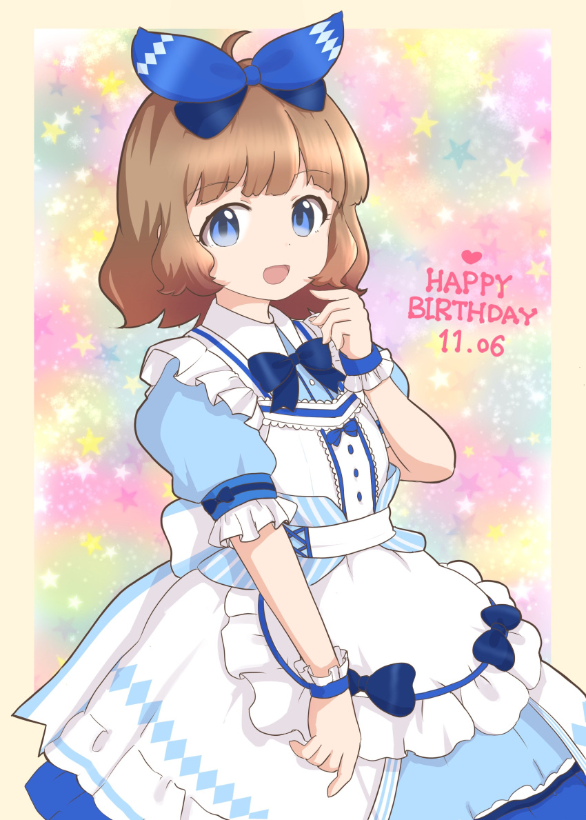 1girl absurdres ahoge alice_(alice_in_wonderland) alice_(alice_in_wonderland)_(cosplay) blue_bow blue_bowtie blue_dress blue_eyes blue_ribbon bow bowtie brown_hair commentary_request cosplay dated dot_nose dress frilled_dress frilled_sleeves frilled_wristband frills hair_ribbon hand_up happy_birthday heart highres idolmaster idolmaster_million_live! idolmaster_million_live!_theater_days looking_at_viewer medium_hair multicolored_background official_alternate_costume open_mouth puffy_short_sleeves puffy_sleeves ribbon short_sleeves sidelocks smile solo star_(symbol) suou_momoko wavy_hair wing_collar yonekura_ryo_(ryokakat0801)