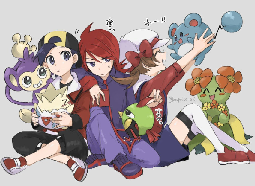 &gt;_&lt; 1girl 2boys ^_^ aipom backwards_hat bellossom blue_eyes blue_hair brown_hair carrying closed_eyes commentary_request ethan_(pokemon) hat konpei_(konpeito_210) leaning_on_person lyra_(pokemon) marill multiple_boys natu on_ground pokemon pokemon_(creature) pokemon_(game) pokemon_hgss redhead silver_(pokemon) simple_background sitting togepi