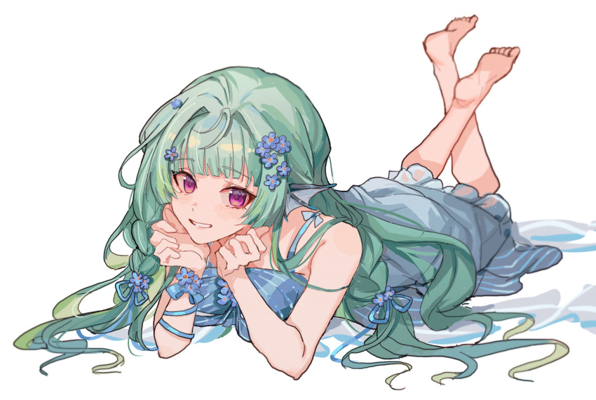 1girl alternate_costume barefoot bow braid commentary_request dress finana_ryugu fins flower green_hair grey_bow grey_dress hair_flower hair_ornament head_fins highres long_hair looking_at_viewer lying nijisanji nijisanji_en on_stomach side_braid simple_background smile solo spaghetti_strap the_pose violet_eyes virtual_youtuber wavy_hair white_background xiongbingbisata