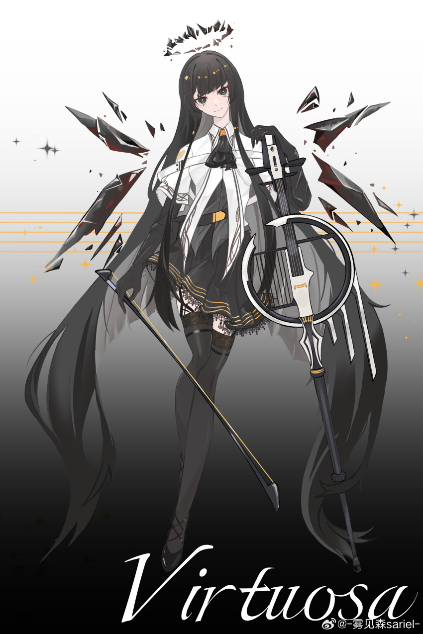 1girl absurdly_long_hair absurdres arknights arm_rest artist_name ascot belt belt_buckle belt_pouch black_ascot black_background black_belt black_eyes black_footwear black_garter_straps black_gloves black_hair black_halo black_pouch black_skirt black_thighhighs black_wings blunt_bangs bow_(music) breasts bright_pupils broken_halo buckle buttons cello character_name chinese_commentary chinese_text closed_mouth collared_jacket colored_inner_hair commentary_request crossed_legs dark_halo detached_wings dress_shirt energy_wings eyelashes full_body garter_straps gloves gradient_background grey_background grey_hair grey_shirt halo hand_up high_heels highres hime_cut holding holding_bow_(music) holding_instrument holding_violin instrument invisible_floor jacket kirimori_sariel layered_sleeves leaning leaning_on_object light_blush lips long_hair long_sleeves looking_at_viewer medium_breasts miniskirt mole mole_under_eye multicolored_background multicolored_hair pale_skin pleated_skirt pouch shirt short_over_long_sleeves short_sleeved_jacket short_sleeves sidelocks simple_background skirt smile solo staff_(music) standing star_(symbol) strappy_heels thigh-highs thighs two-tone_background two-tone_hair very_long_hair violin virtuosa_(arknights) watermark weibo_logo weibo_username white_background white_belt white_jacket white_pupils wide_sleeves wing_collar wings zettai_ryouiki