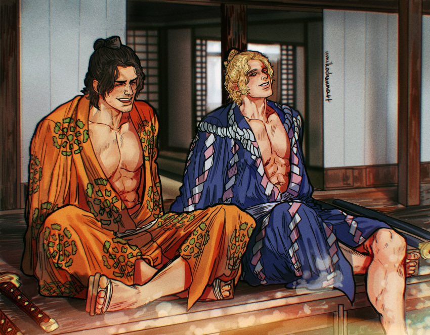 2boys abs alternate_costume artist_name black_hair blonde_hair closed_eyes commentary crossed_legs english_commentary facial_hair freckles highres japanese_clothes katana kimono male_focus multiple_boys one_piece open_clothes open_mouth portgas_d._ace sabo_(one_piece) sandals scar scar_across_eye scar_on_face short_hair sitting smile sword teeth topknot umikochannart weapon